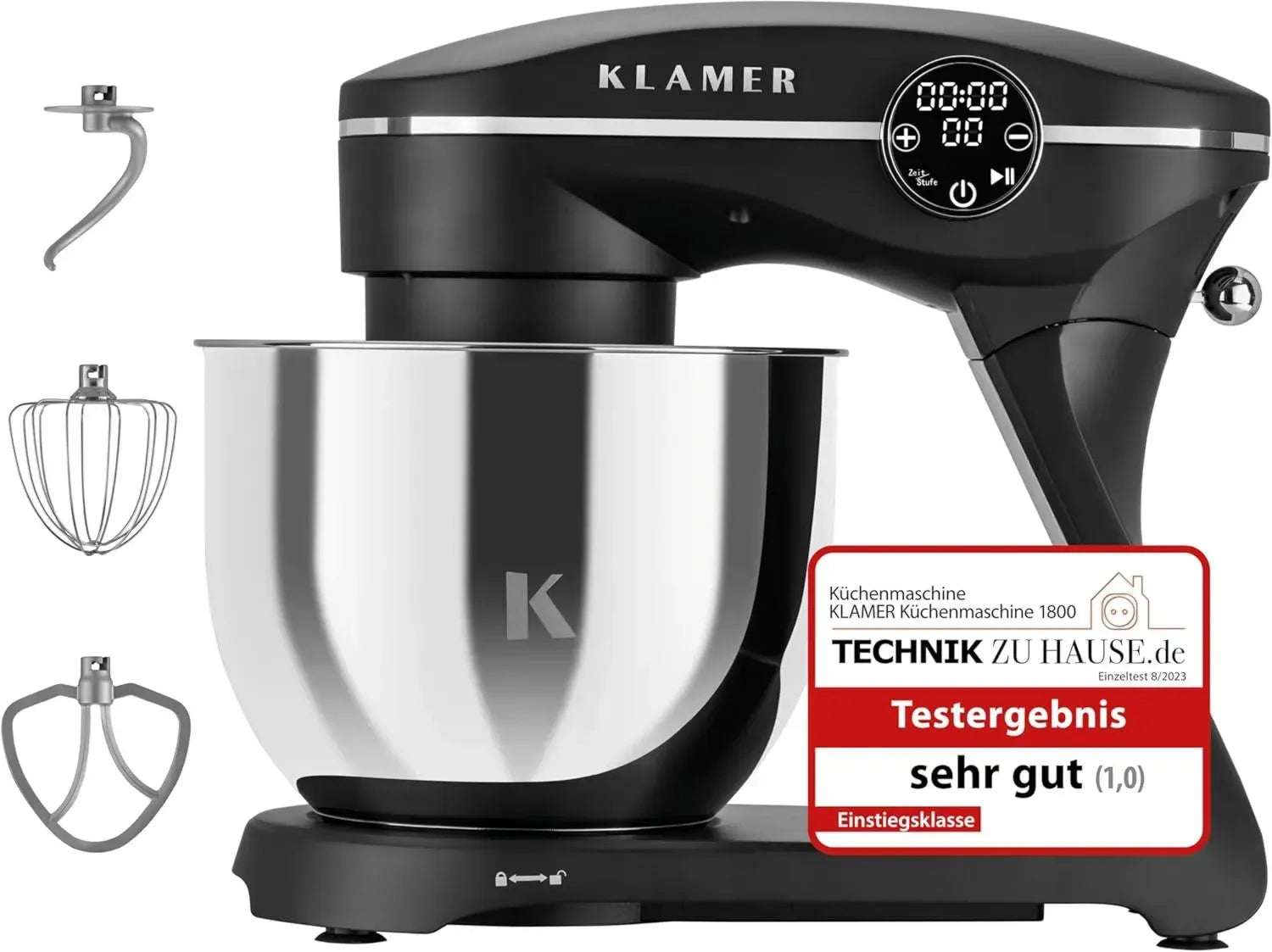Leistungsstarke Küchenmaschine 1800W mit 6L Edelstahlschüssel, 10 Geschwindigkeiten und Timer - Schwarz