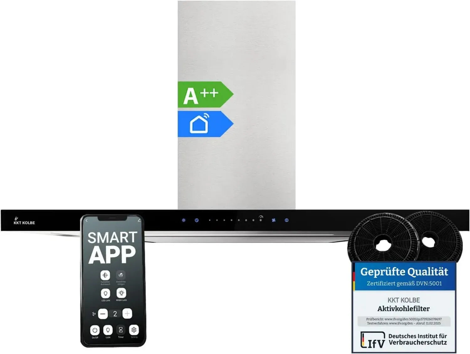KKT Kolbe Dunstabzugshaube 90 cm, Wandmontage, Umluft und Abluft, Edelstahl und schwarzes Glas, WLAN-fähig, Nachlaufautomatik, SensorTouch-Steuerung