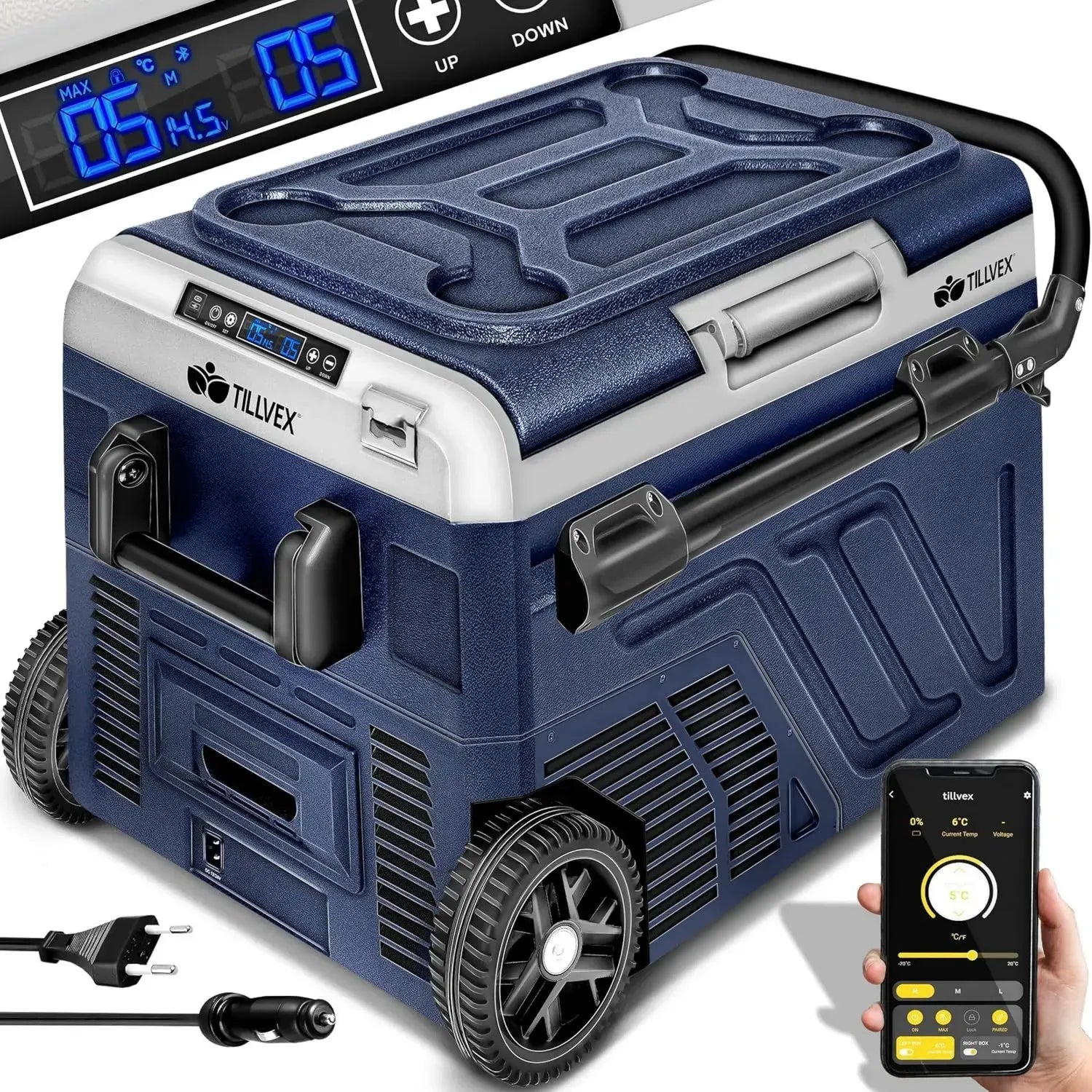 tillvex® Elektrische Kühlbox 50L mit WIFI-Steuerung, 12/24V & 230V, -20°C, für Auto, Lkw & Camping, Navyblau