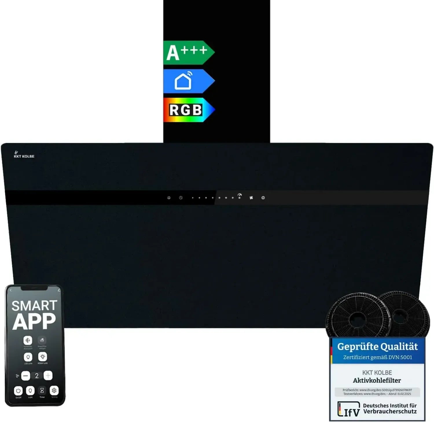 KKT Kolbe 90 cm Kopffrei-Wandhaube mit WLAN und RGBW-LED, 782 m³/h, Edelstahl und schwarzes Glas, SensorTouch